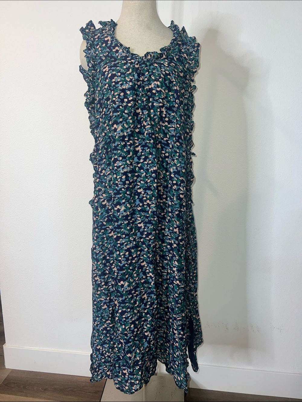 Mirth Cassis Tank Dress Sleeveless Navy Floral Ruffle Midi Dress